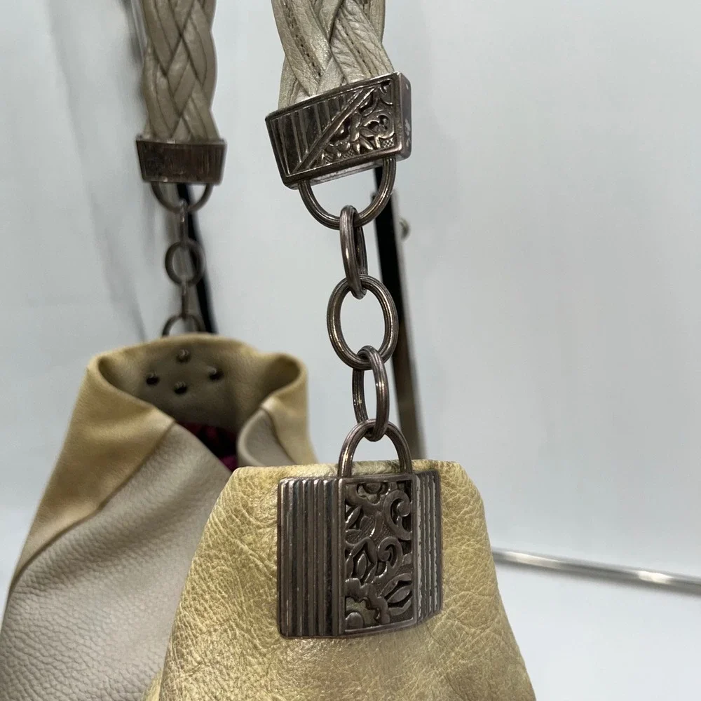 Brighton Metallic Beige Leather Hobo Shoulder Bag Chain Braided Strap Purse - Picture 5 of 10